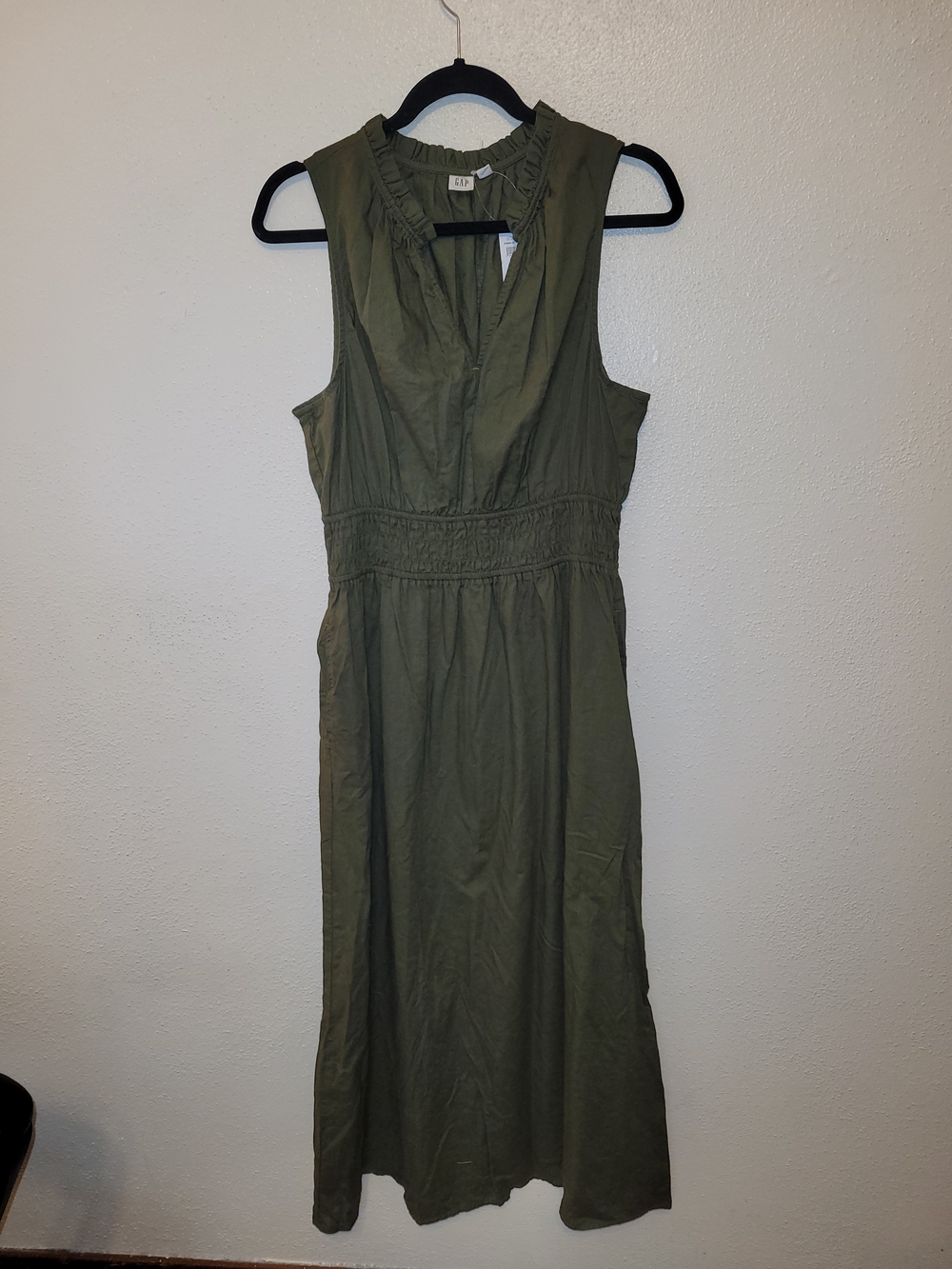 GAP Zen Neck Halter Linen Blend Midi Dress Olive Night NWT Size Large